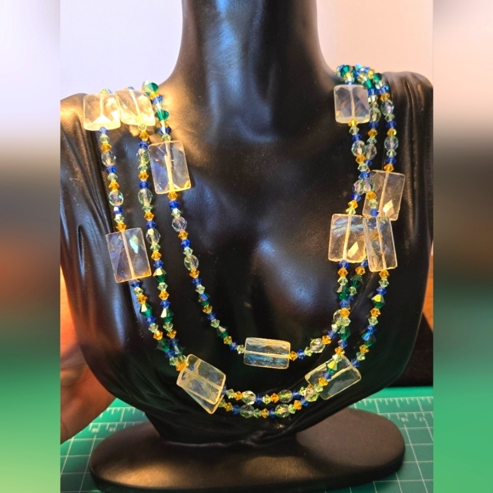 Vintage Necklace Sterling Crystals Moonstones 3 Strand